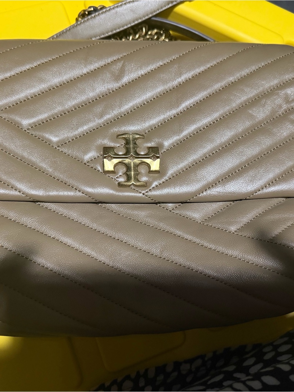 Tory Burch Quilted Taupe Chevron Leather Crossbody with Gold Logo